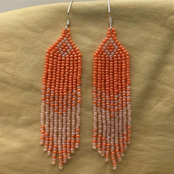 Seed Bead Fringe Dangle Earrings Orange Peach Glass Beads Beadwork Beaded Long - Picture 3 of 7